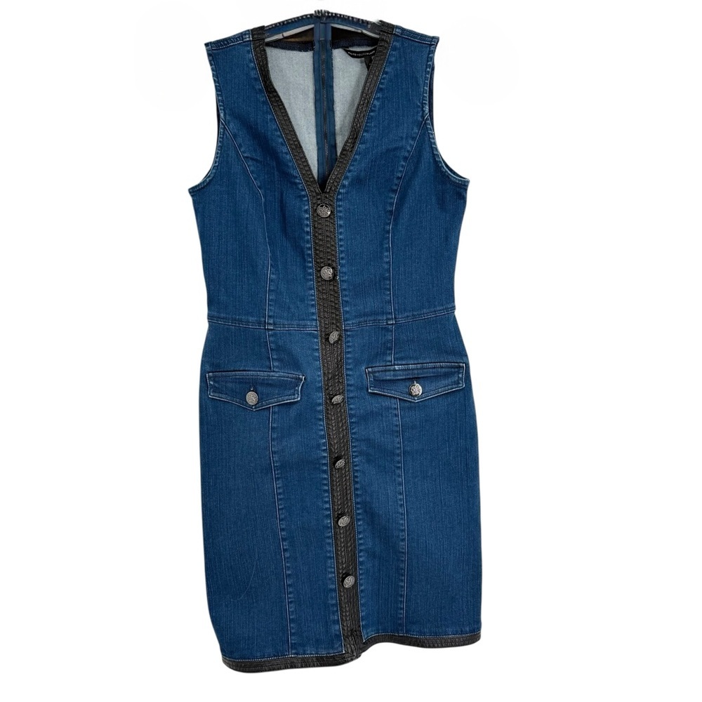 White House Black Market Sleeveless Blue Denim Dress Size 6 Faux Leather Trim